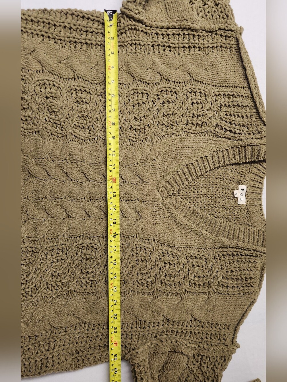 POL Olive Cable Knit Sweater Oversized V-Neck Boho Cottagecore Chunky Cozy Sz S - Picture 7 of 8